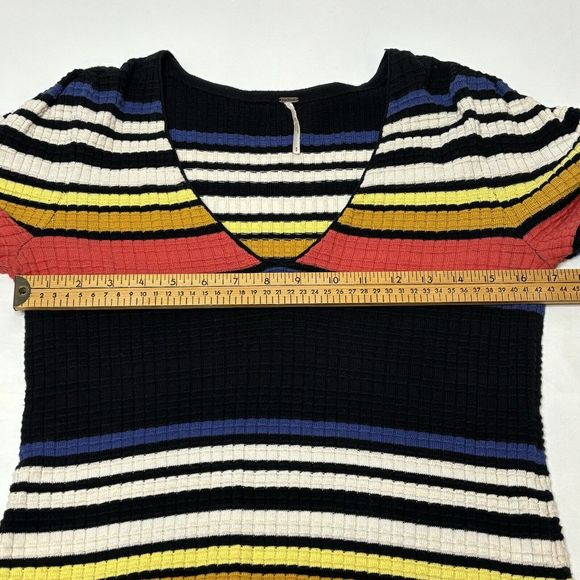 Free People Gidget Sweater Mini Dress Knit Black Striped SMALL V Neck Retro Boho - Picture 5 of 11